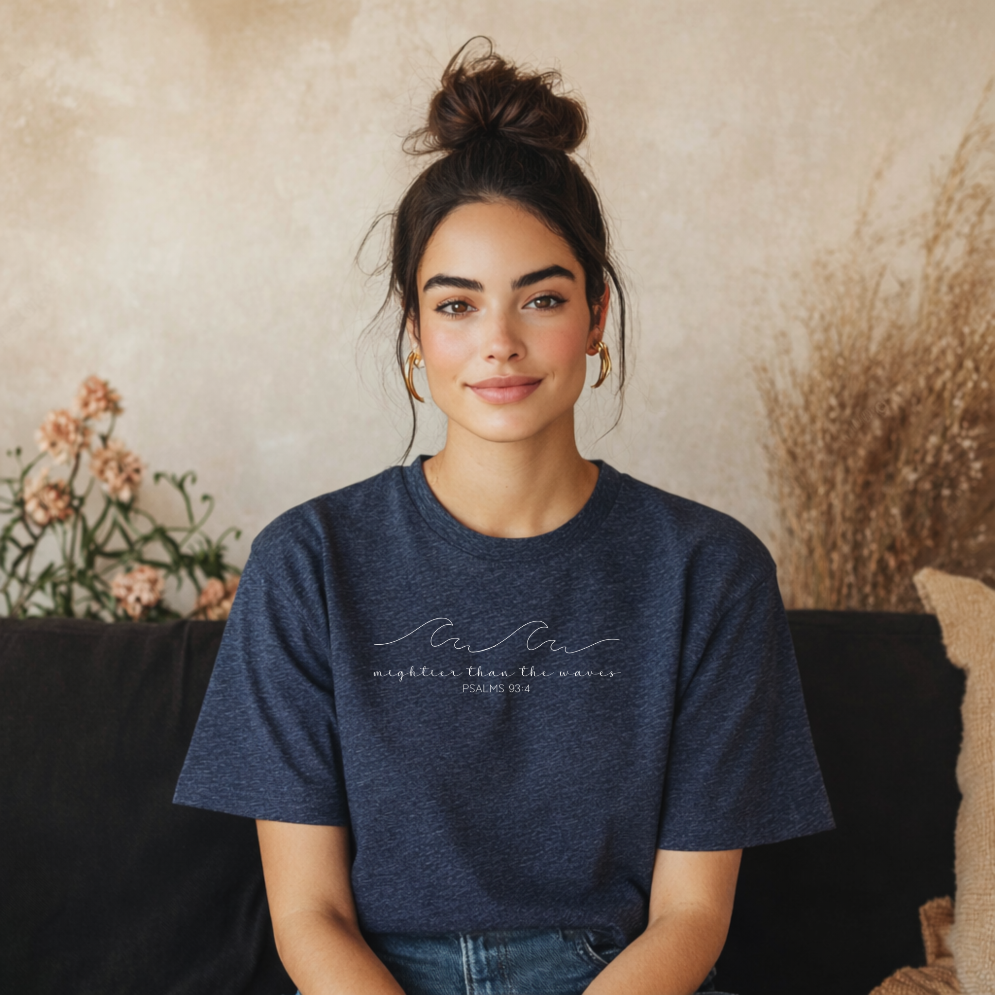 Mightier Than the Waves T-Shirt – Psalms 93:4 Bible Verse Shirt | Heather Navy Bella + Canvas Tee