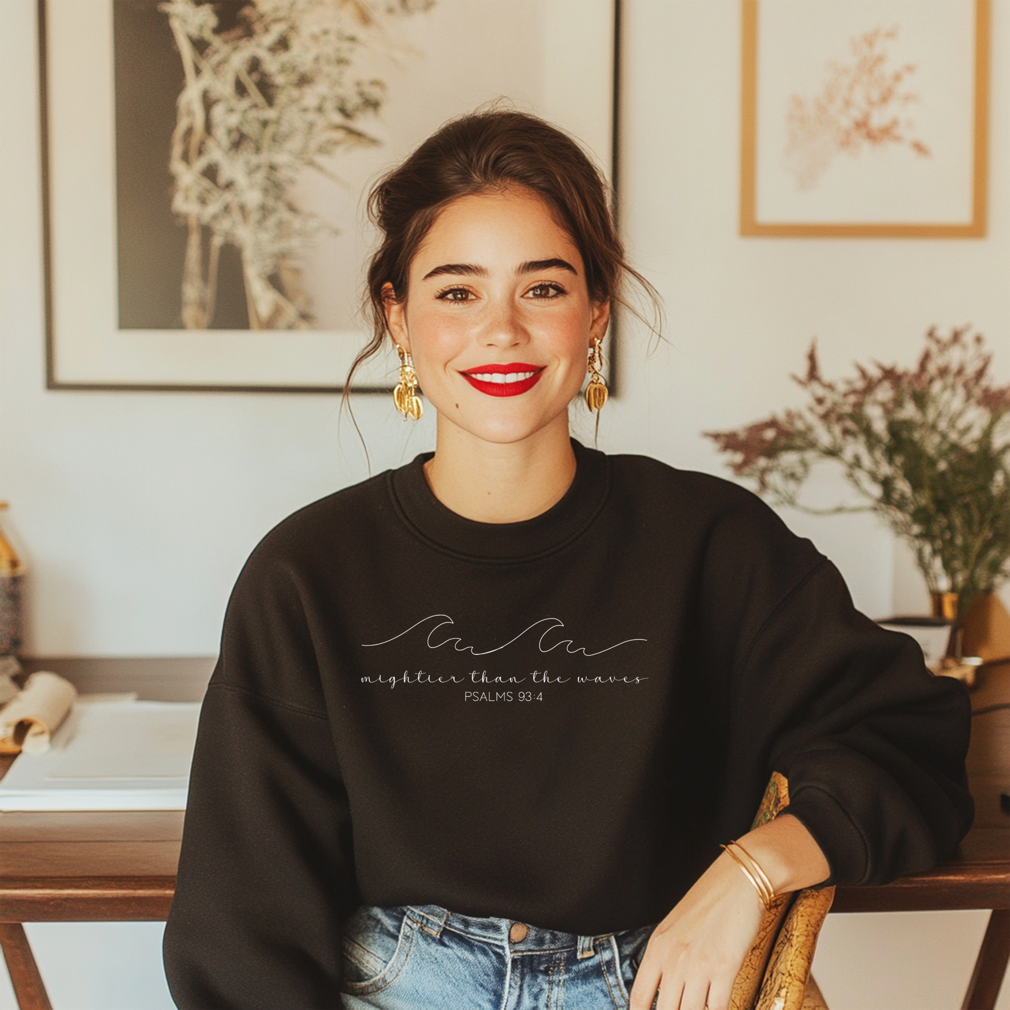 Mightier Than the Waves Sweatshirt – Psalms 93:4 Bible Verse Crewneck | Black Gildan Unisex Christian Pullover