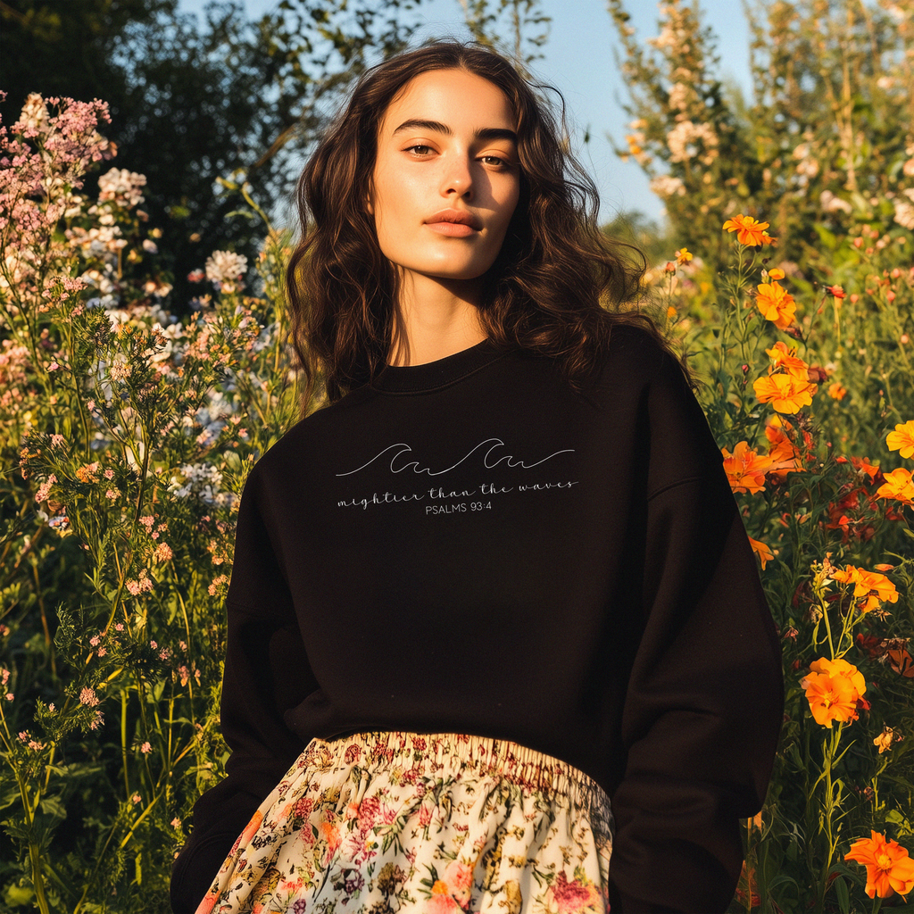Mightier Than the Waves Sweatshirt – Psalms 93:4 Bible Verse Crewneck | Black Gildan Unisex Christian Pullover