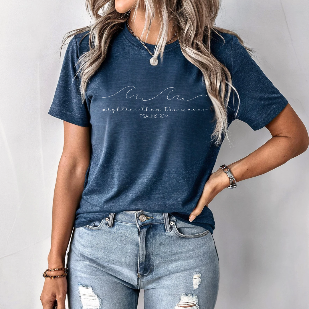 Stronger Than the Waves T-Shirt – Psalms 93:4 Bible Verse Shirt | Heather Navy Bella + Canvas Tee