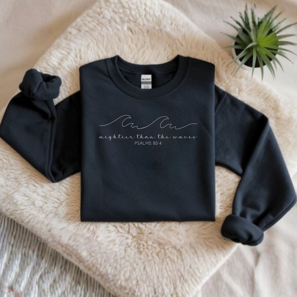 Mightier Than the Waves Sweatshirt – Psalms 93:4 Bible Verse Crewneck | Black Gildan Unisex Christian Pullover