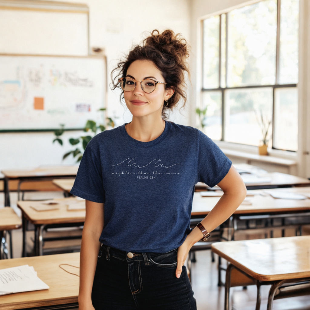 Mightier Than the Waves T-Shirt – Psalms 93:4 Bible Verse Shirt | Heather Navy Bella + Canvas Tee