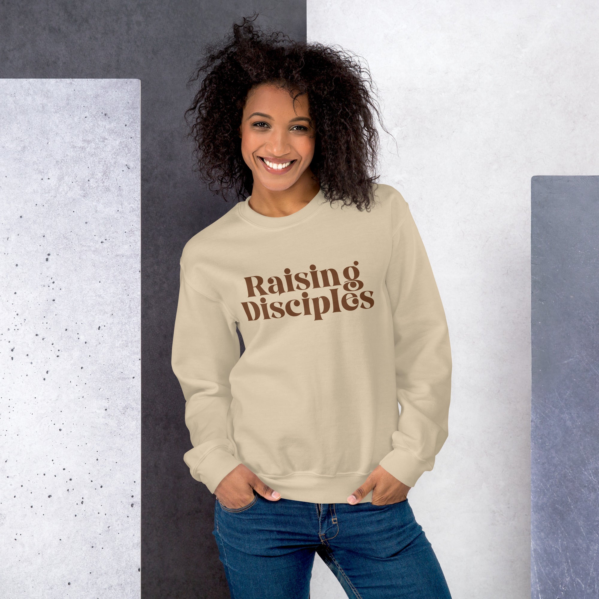 Raising Disciples Crewneck Sweatshirt – Christian Mom Faith-Based Pullover in Sand