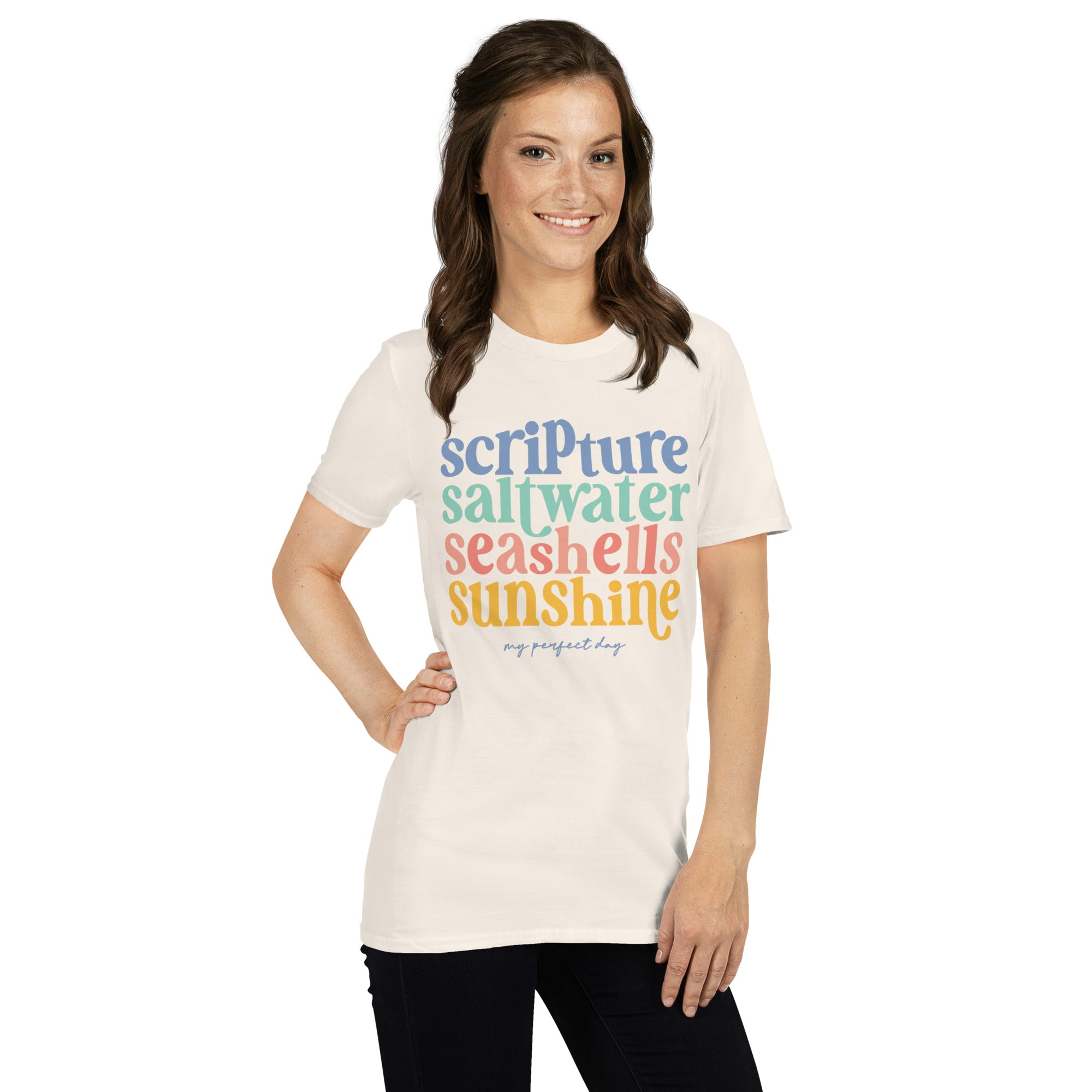 Scripture, Saltwater, Seashells & Sunshine T-Shirt – Christian Beach Graphic Tee for Women – Faith & Coastal Comfort Cotton Shirt