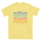 Scripture, Saltwater, Seashells & Sunshine T-Shirt – Christian Beach Graphic Tee for Women – Faith & Coastal Comfort Cotton Shirt
