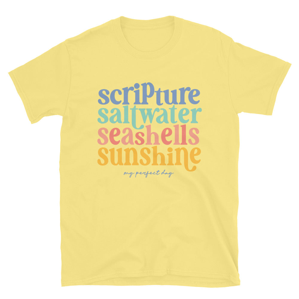 Scripture, Saltwater, Seashells & Sunshine T-Shirt – Christian Beach Graphic Tee for Women – Faith & Coastal Comfort Cotton Shirt