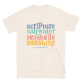 Scripture, Saltwater, Seashells & Sunshine T-Shirt – Christian Beach Graphic Tee for Women – Faith & Coastal Comfort Cotton Shirt