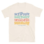 Scripture, Saltwater, Seashells & Sunshine T-Shirt – Christian Beach Graphic Tee for Women – Faith & Coastal Comfort Cotton Shirt
