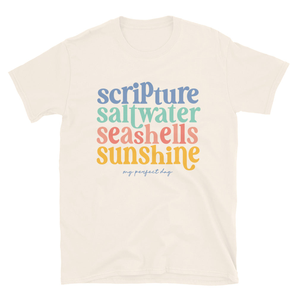 Scripture, Saltwater, Seashells & Sunshine T-Shirt – Christian Beach Graphic Tee for Women – Faith & Coastal Comfort Cotton Shirt