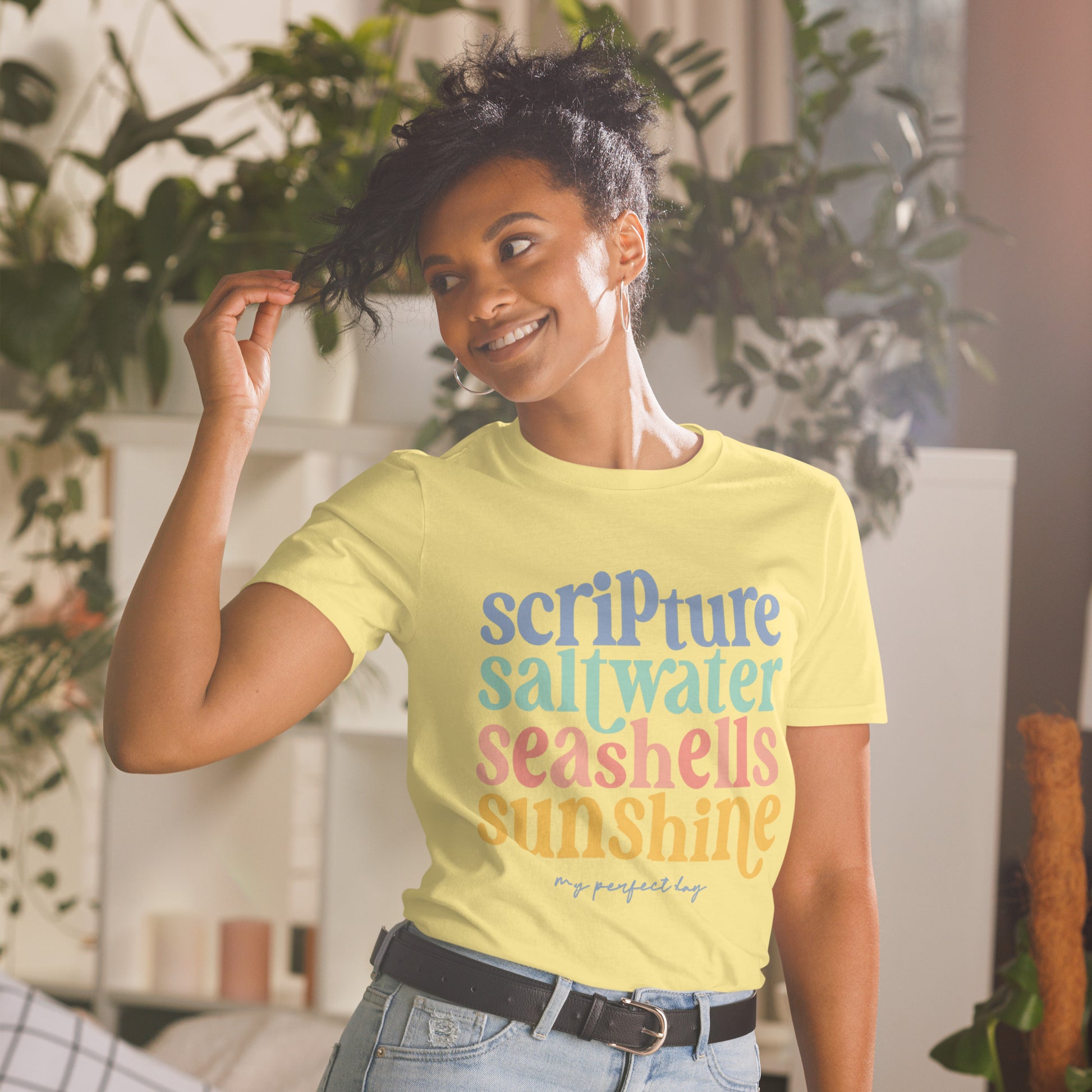 Scripture, Saltwater, Seashells & Sunshine T-Shirt – Christian Beach Graphic Tee for Women – Faith & Coastal Comfort Cotton Shirt